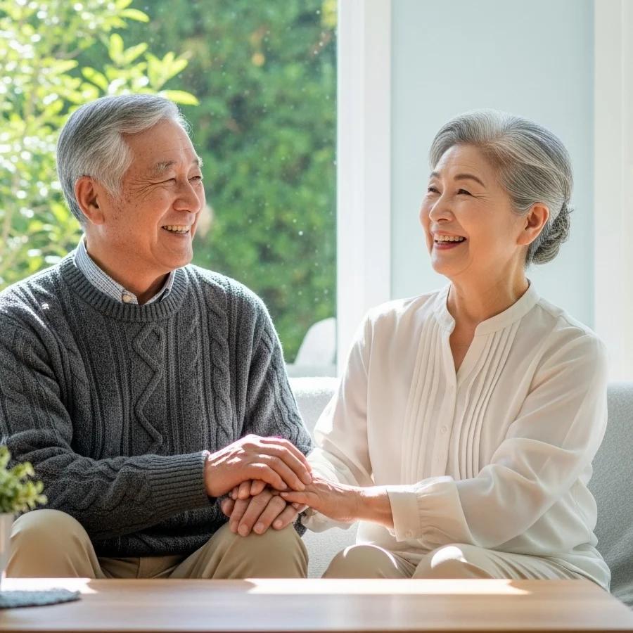手を取り合って笑顔で話す高齢のご夫婦